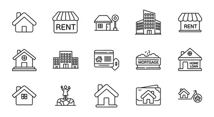 Line art icons depicting various housing options rentals and property related concepts