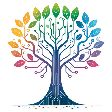 A colorful tree with circuit board design and vibrant leaves