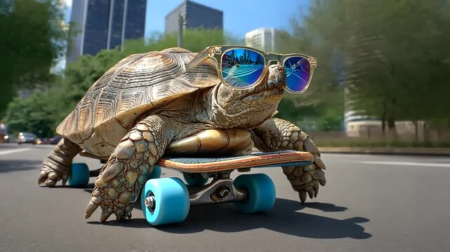 adventurous turtle riding skateboard with sunglasses through urban park scene dynamic motion