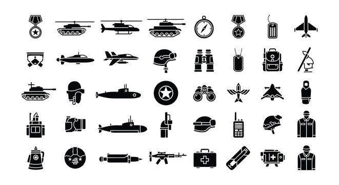 Black and white icons depicting various military equipment and symbols