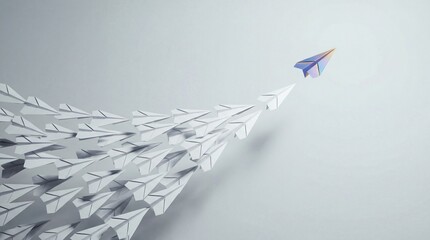 This bright 3d render shows a unique blue paper airplane leading a formation of white planes upward against a gray background.
