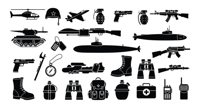 Black and white icons depicting various military equipment and symbols