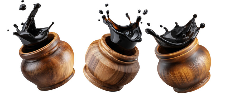 Set of Egyp Molasses black syrup jar splashing from a polished jar, isolated on white background, concept of Arabic Cuisine