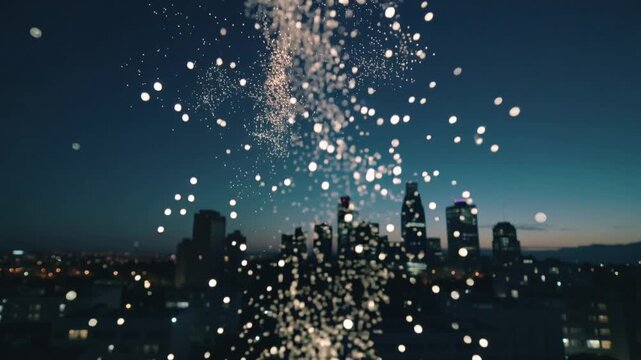 Nighttime cityscape with sparkling lights and motion of fireworks exploding in the air