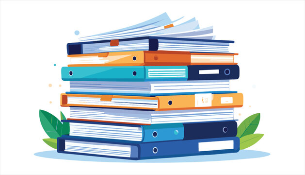 Illustration of a pile of binders and papers with leaves