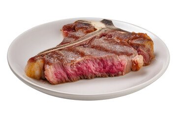 Fototapeta premium Grilled T-bone steak on plate, isolated on transparent background