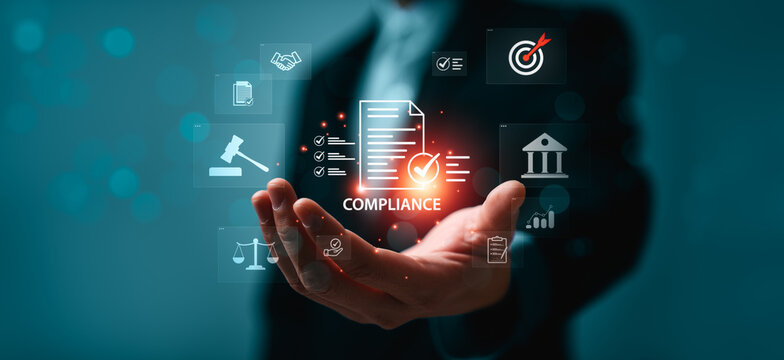 Business professional presenting digital compliance document interface with approval checklist, regulatory governance concept, risk management, corporate policy control, legal process transparency