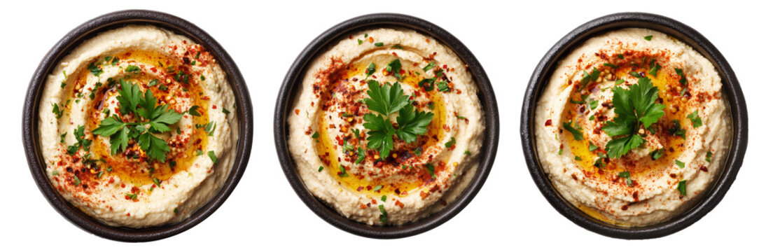 Set of Mutabbal creamy baba ganoush roasted eggplant puree with tahini and lemon garnished with parsley and olive oil on white