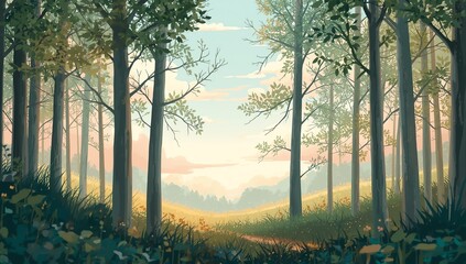 Obraz premium Misty Sunrise in a Forest Path