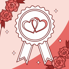 A charming illustration of love and celebration with interlocking hearts on a rosette badge