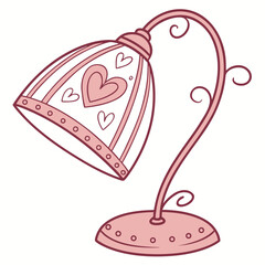 A charming pink desk lamp with lovely heart decorations and whimsical swirling stand illustration