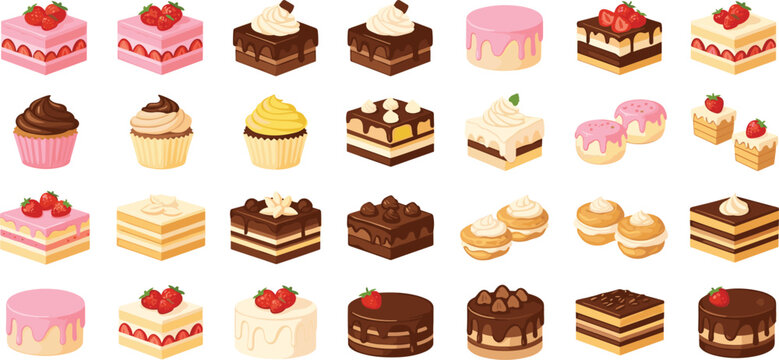 Cartoon desserts including cakes, cupcakes, and pastries with colorful toppings, ideal for bakery menus, food-themed designs, and culinary illustrations.