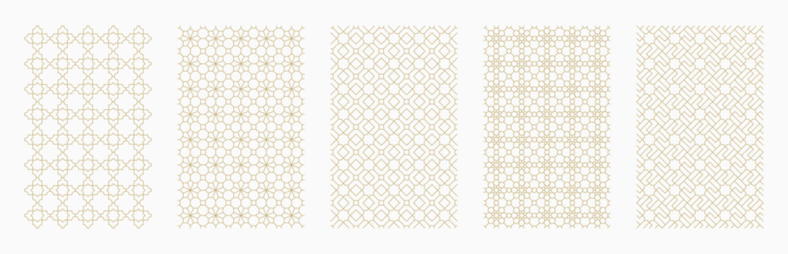 Set of five elegant Islamic seamless patterns featuring refined gold ornamental elements on a clean white background. Ideal for Ramadan and Eid designs, luxury branding, packaging, and wallpaper