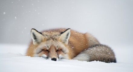 Obraz premium Red fox resting in the snow with a serene expression.