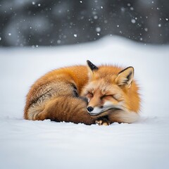 Obraz premium Red Fox Sleeping Peacefully in Snowy Landscape.