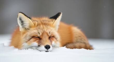 Fototapeta premium Red fox resting peacefully in the snow with eyes closed.