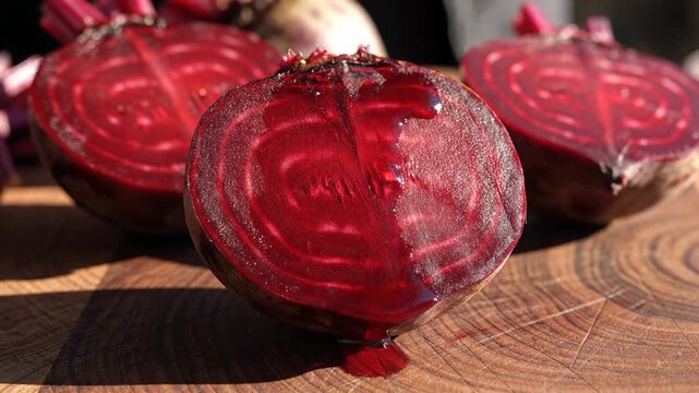 Vibrant ruby red beets are halved on a rustic wooden cutting board, showcasing their juicy interior and preparing them for culinary use.