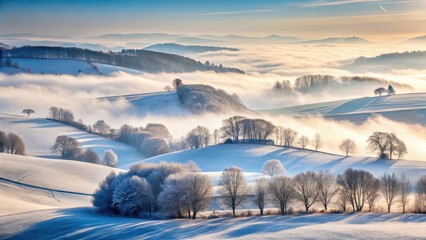 Serene Winter Landscape Frost-Kissed Trees Adorn Rolling Hills Bathed in Misty Dawn Light