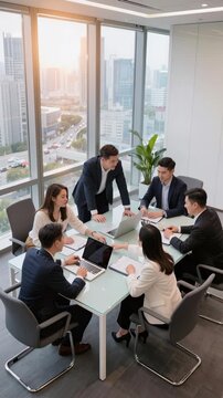 Professional team collaborating during a business meeting in a modern office with a cityscape view, vertical shot
