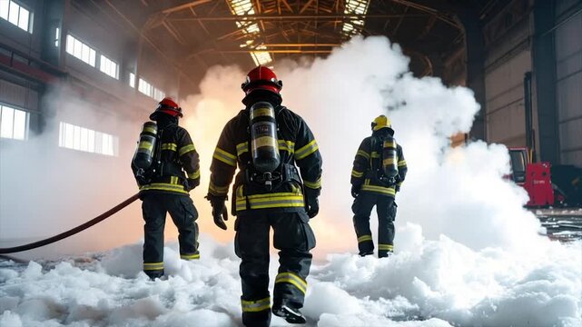 Three firefighters in protective gear walk through thick foam and smoke, inside a large industrial structure