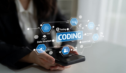 Naklejka premium Close-up of hands holding a smartphone with a coding theme, featuring technology icons representing software development, data management, and innovative processes. Tessel