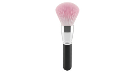 A pink makeup brush with a black handle on a black background