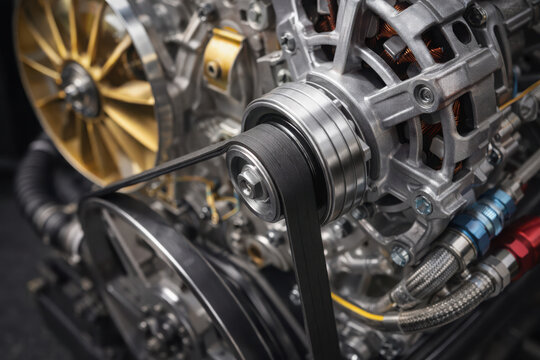 Close-up of car engine alternator and belts motor automotive