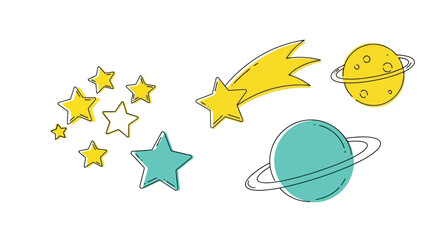 Hand-drawn cosmic elements with stars, planets, and a shooting star. © Muginandaru
