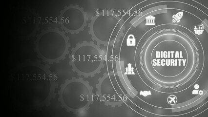 Obraz premium Digital security on dark grey background with gears and financial amounts finance lock