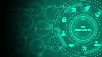 Obraz premium Green data analysis platform with gears financial dollar amounts and security lock