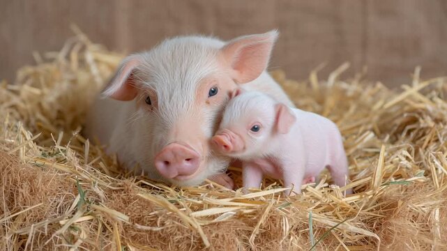 In a peaceful barn setting, a lovely pig mother enjoys tender moments with her tiny piglet, surrounded by soft straw. Their bond reflects unconditional love and warmth
