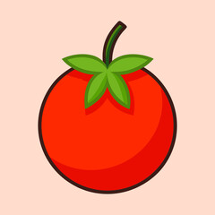 Stylized Cartoon Tomato with Green Leaves and Stem on Plain Background