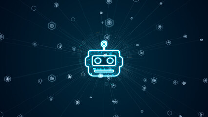 Glowing robot head icon with digital circuitry and network lines on dark blue background, representing artificial intelligence, automation and smart technology concepts for business and innovation.