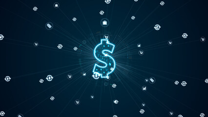 Glowing dollar symbol with digital data texture and network connections on dark blue background, representing fintech, digital economy, online payments and modern financial technology concepts.