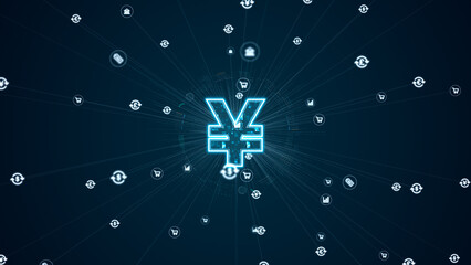 Glowing yen currency symbol with digital data texture and network connections on dark background, symbolizing global finance, fintech innovation and modern digital economy concepts.