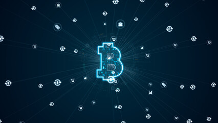 Glowing bitcoin symbol with digital data texture and network connections on dark background, representing cryptocurrency, blockchain technology and modern digital finance concepts.