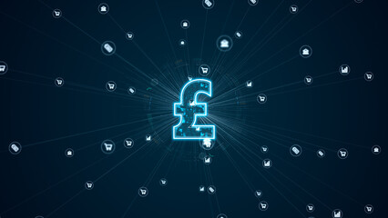 Glowing pound sterling symbol with digital data texture and network connections on dark background, symbolizing financial technology, digital banking and modern global finance concepts.