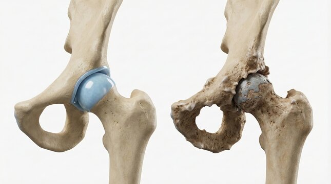 Comparison of a healthy hip joint with a severely degenerated hip joint showing signs of osteoarthritis.