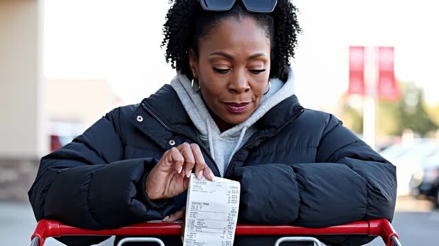 Woman Reviewing Receipt In Shopping Cart Outdoors.
