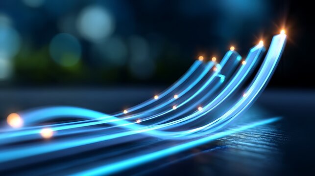 Neon blue financial growth timeline with light trails on dark background for business success and innovation