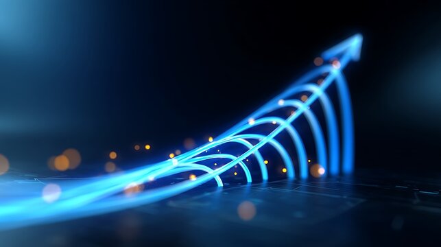 Neon blue financial growth timeline with upward arrows and business data visualization on dark background
