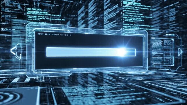 A futuristic video interface with a loading bar in a digital environment with code and circuits