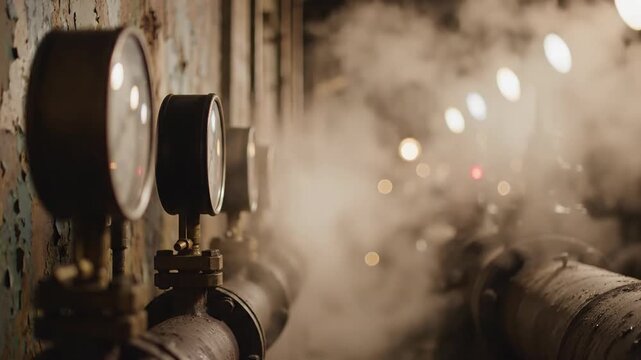 Industrial steam pipes with pressure gauges and sparks, vintage machinery, factory interior