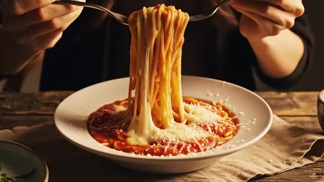 Delicious spaghetti with melted cheese being twirled with forks