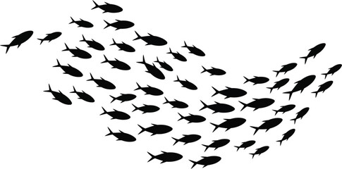 School of small fish silhouettes swim together in a unified, curving school formation against a plain white backdrop.