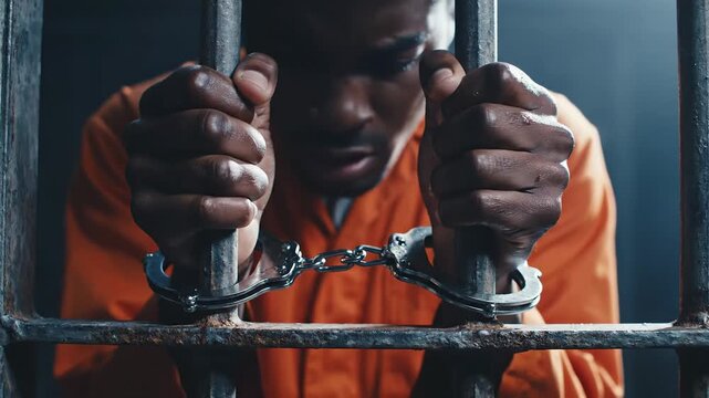 Inmate in orange jumpsuit handcuffed behind bars in prison cell, looking desperate.