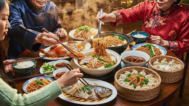 A heartwarming multi-generational Asian family gathers around a beautifully set dining table, enjoying a lavish traditional Chinese New Year feast filled with an abundance of steaming hot dishes, cel.