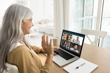 Multiethnic people take part in video call, laptop screen view. Mature woman greeting videocall participants, start class or briefing using computer and app. Virtual meeting, worldwide communication