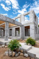 Fototapeta premium New house construction site with concrete block walls
