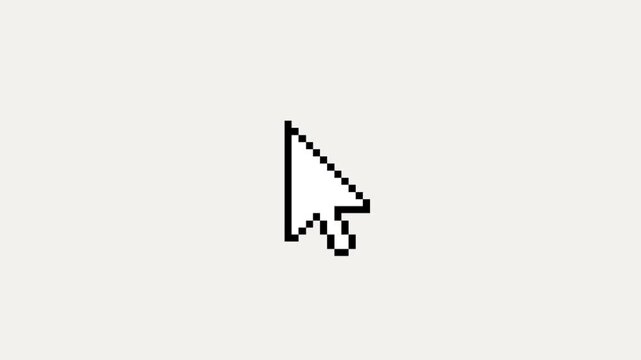 A classic 8-bit pixel art hand cursor clicks repeatedly, serving as a nostalgic and effective call-to-action for digital interfaces